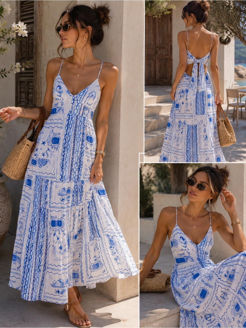 Indikah NWT Blue/White Cut Out Back Graphic Print Maxi Dress
